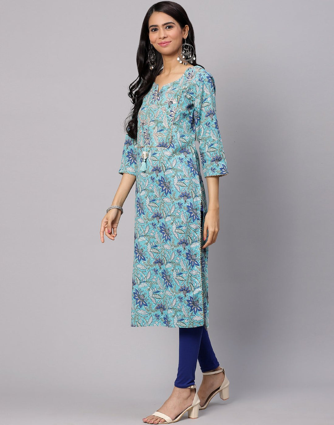 Floral Print Kurti With Gota Detail