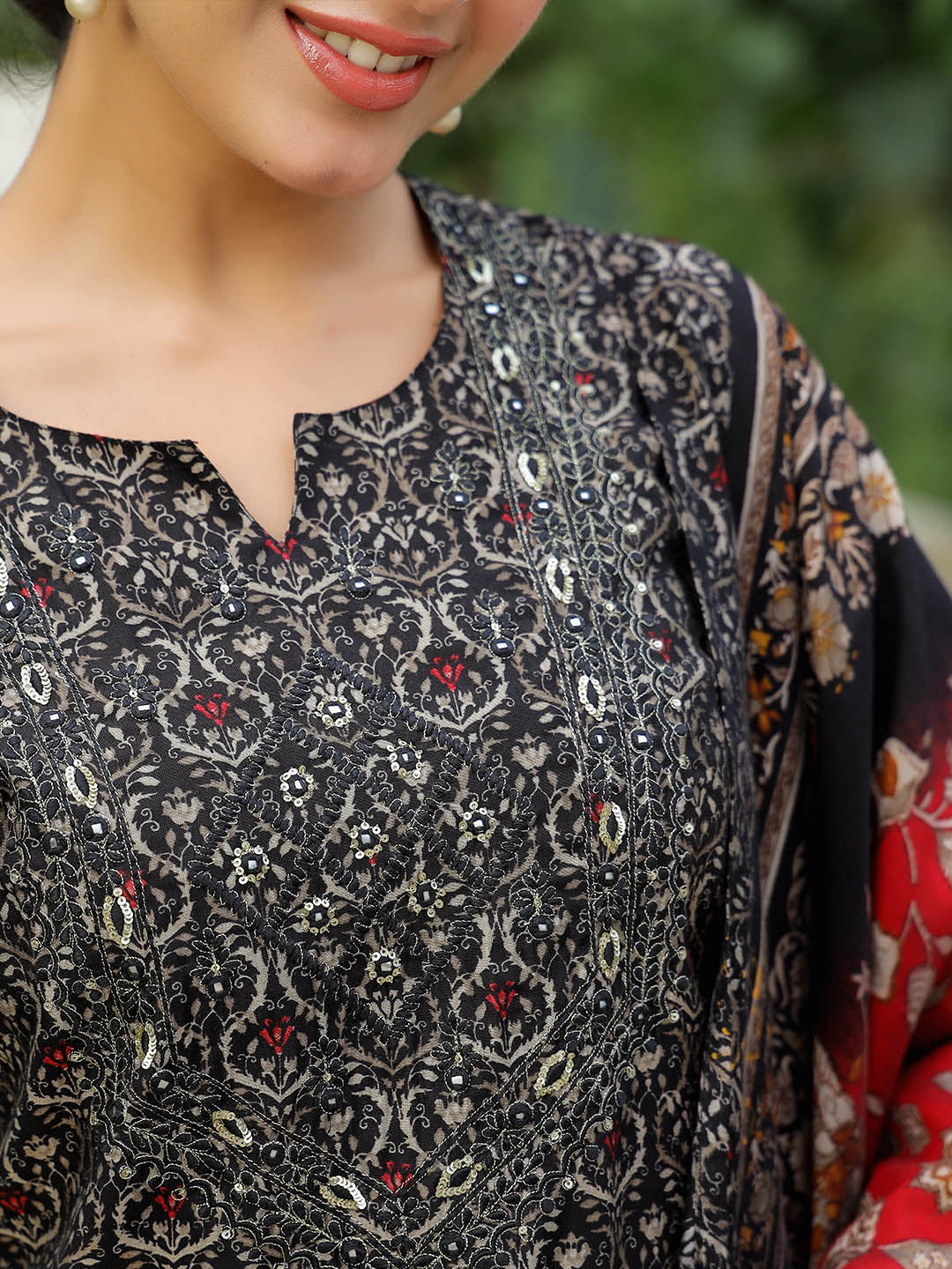 Printed Neck Embroidered Cotton Kurta With Pants &amp; Dupatta