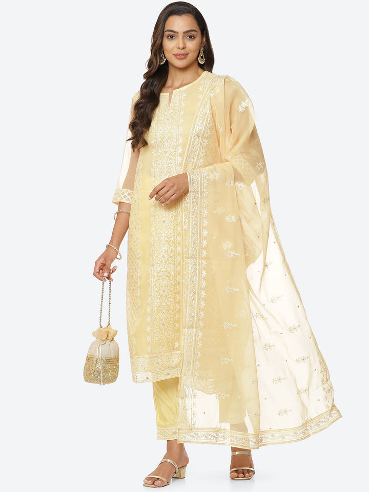 Resham Booti Organza Kurta With Pant &amp; Dupatta
