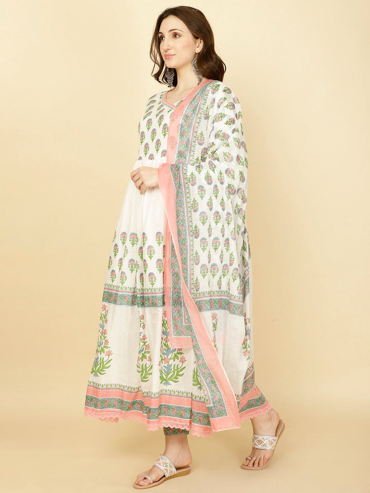 Floral Printed Cotton Kurta With Pants &amp; Dupatta