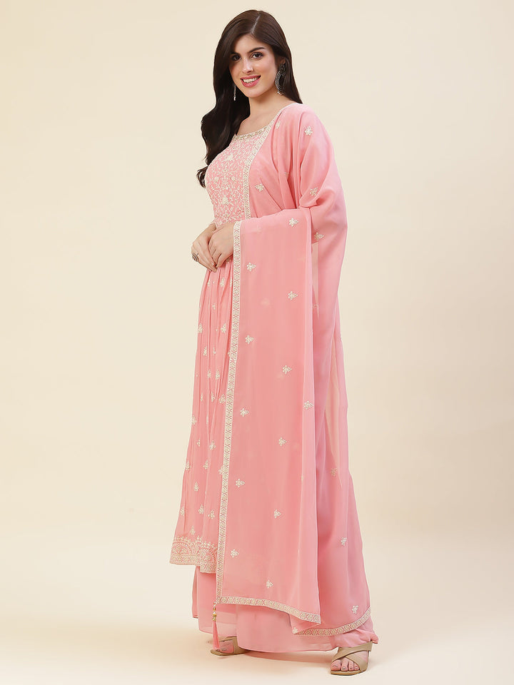 Resham Embroidered Booti Georgette Kurta With Palazzo &amp; Dupatta