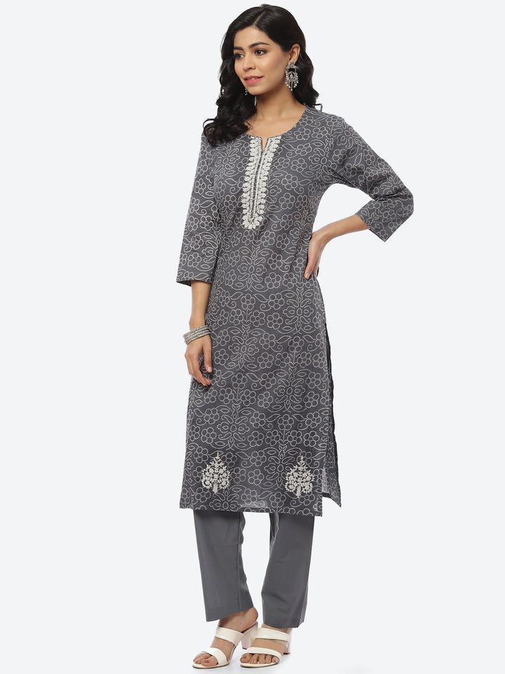 Printed Zari Neck Cotton Kurti With Pant