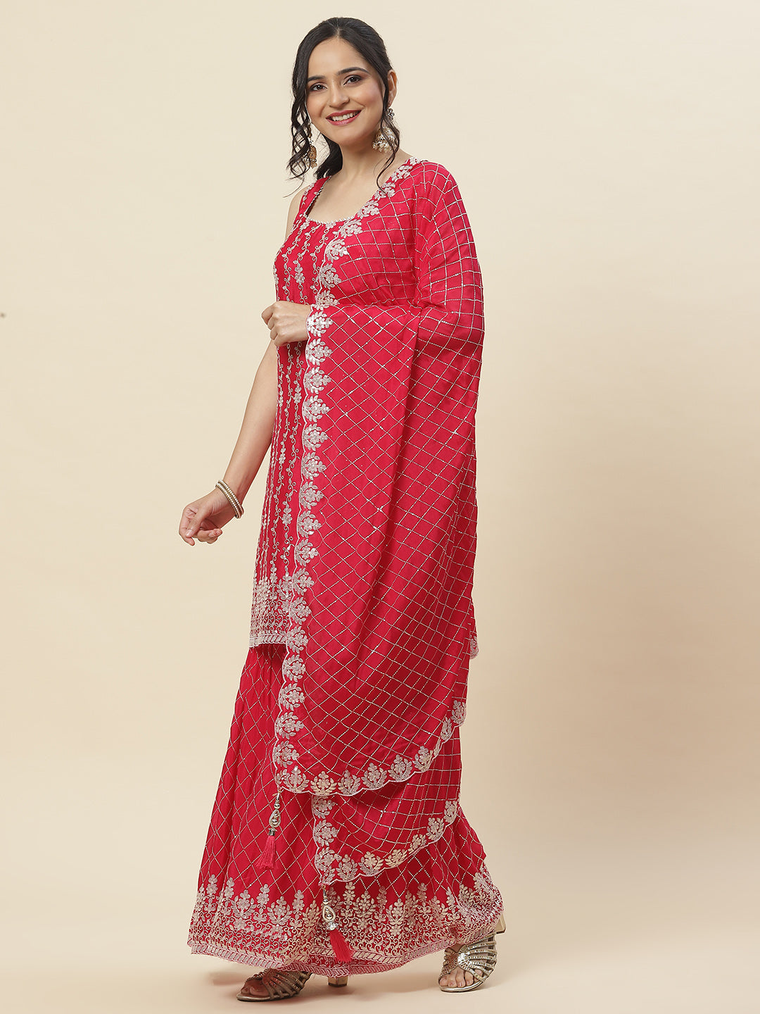 Sequin Embroidered Crepe Kurti With Garara &amp; Dupattta