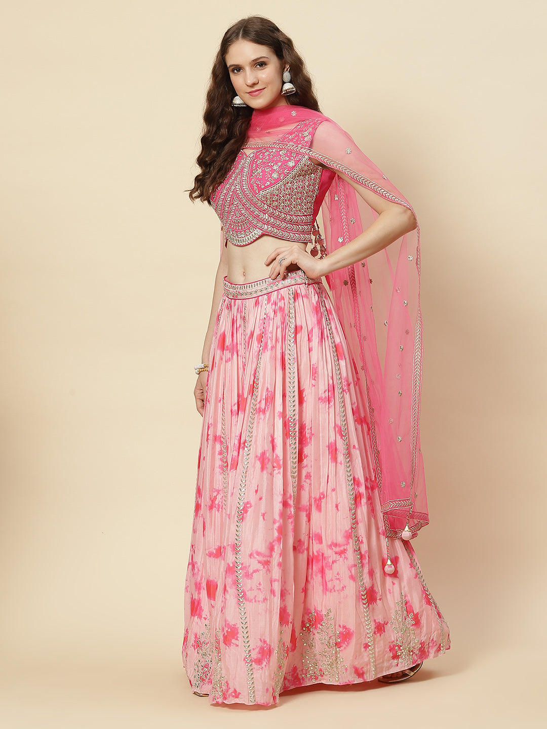 Zari Embroidered Printed Crepe Choli With Lehenga &amp; Net Dupatta