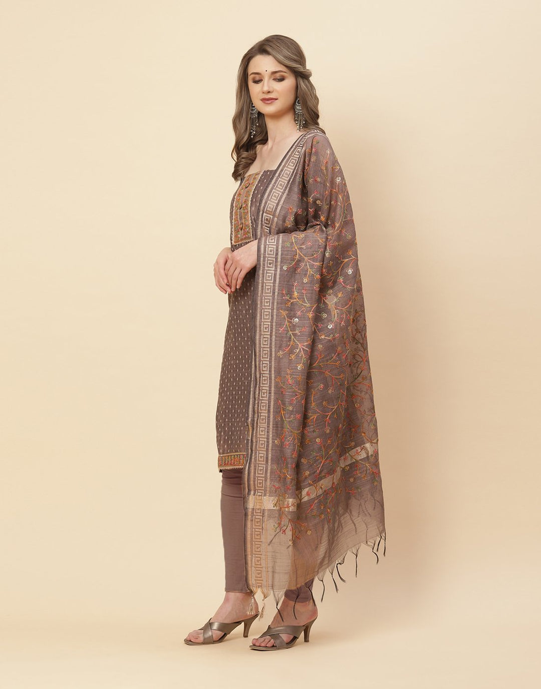 Embroidered Chanderi Suit Piece With Dupatta