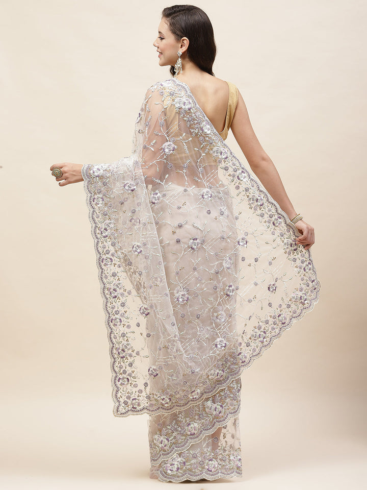 Resham Jaal Embroidery Net Saree