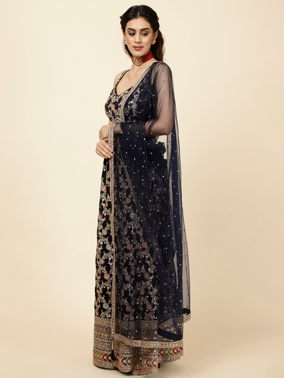 Zari Embroidered Georgette Crop Top With Palazzo &amp; Dupatta
