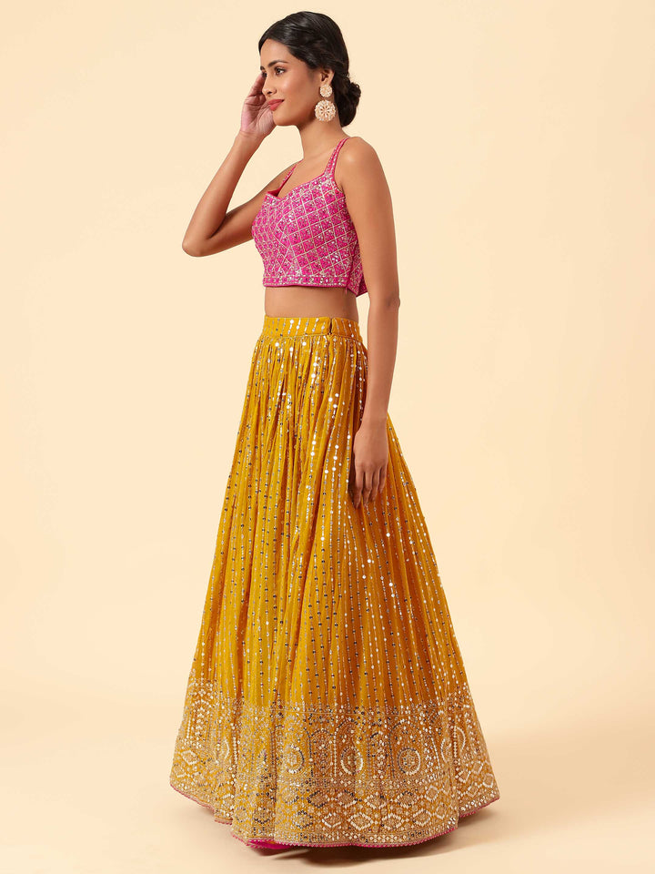 Sequin Embroidered Georgette Choli With Lehenga &amp; Dupatta