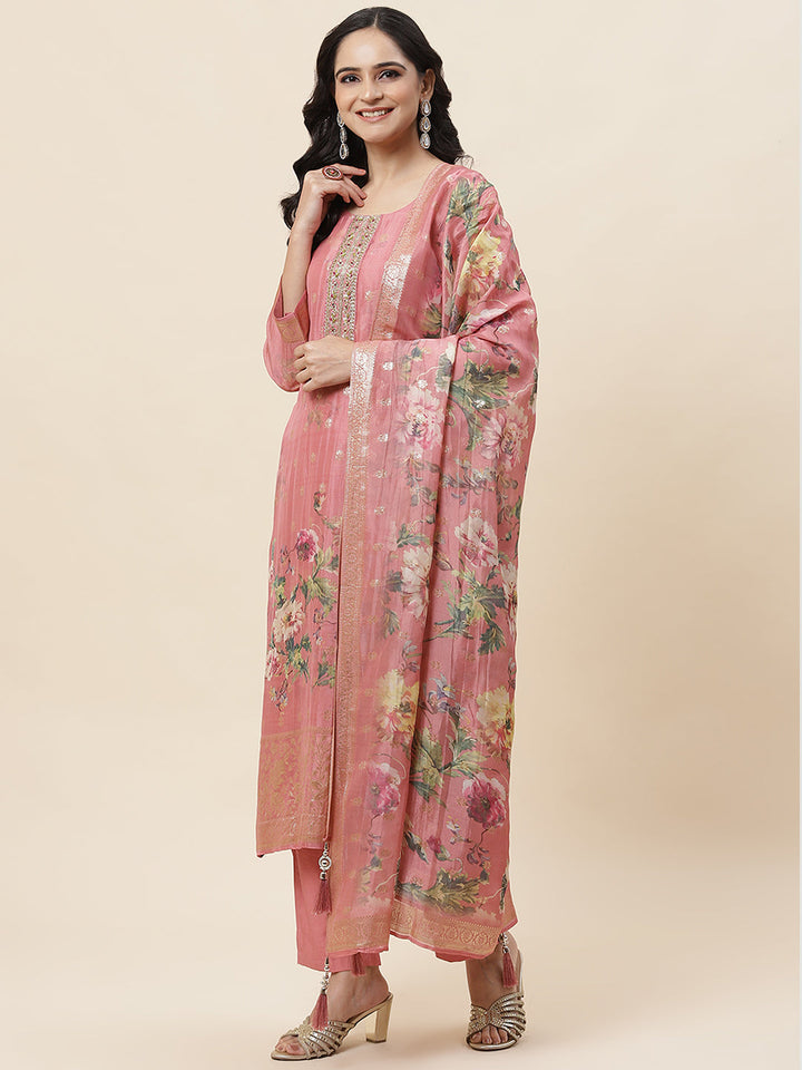 Floral Printed Organza Kurta With Pants &amp; Dupatta