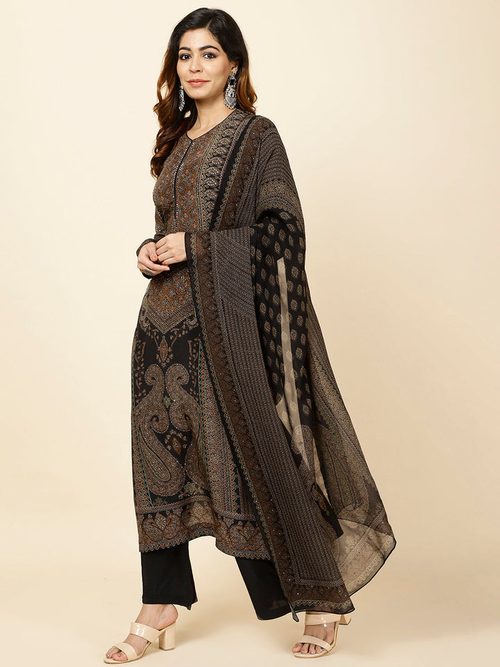 Digital Printed Crepe Kurta With Palazzo &amp; Dupatta