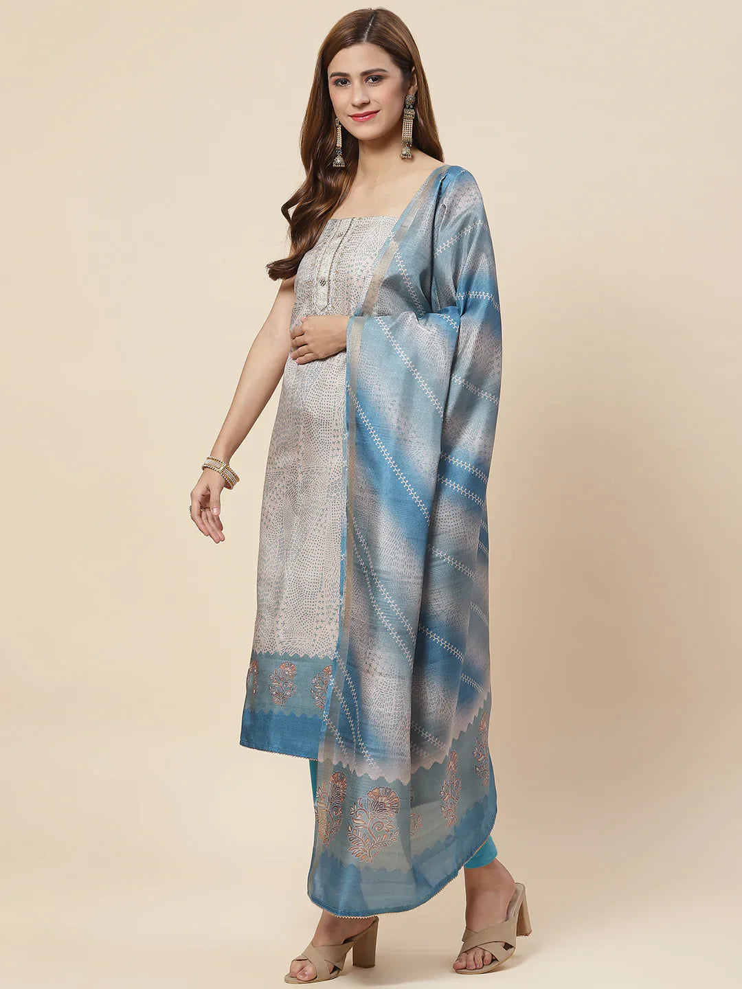 Neck Embroidered Art Tussar Unstitched Suit Piece With Dupatta