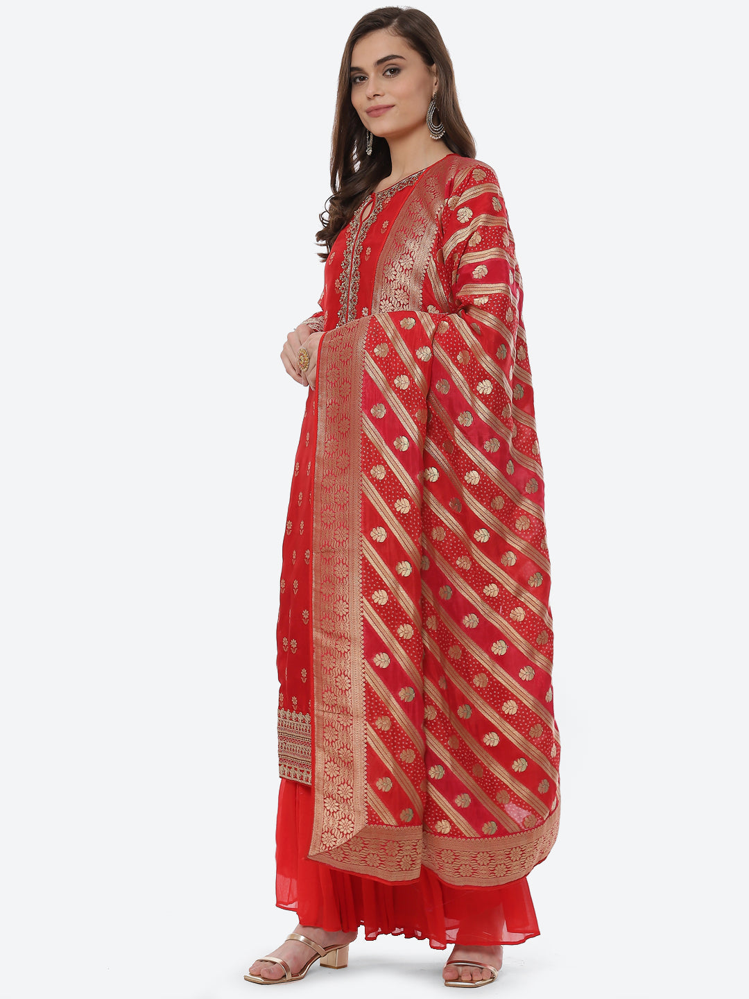 Zari Booti Neck Zari Embroidered Handloom Kurta With Garara &amp; Dupatta