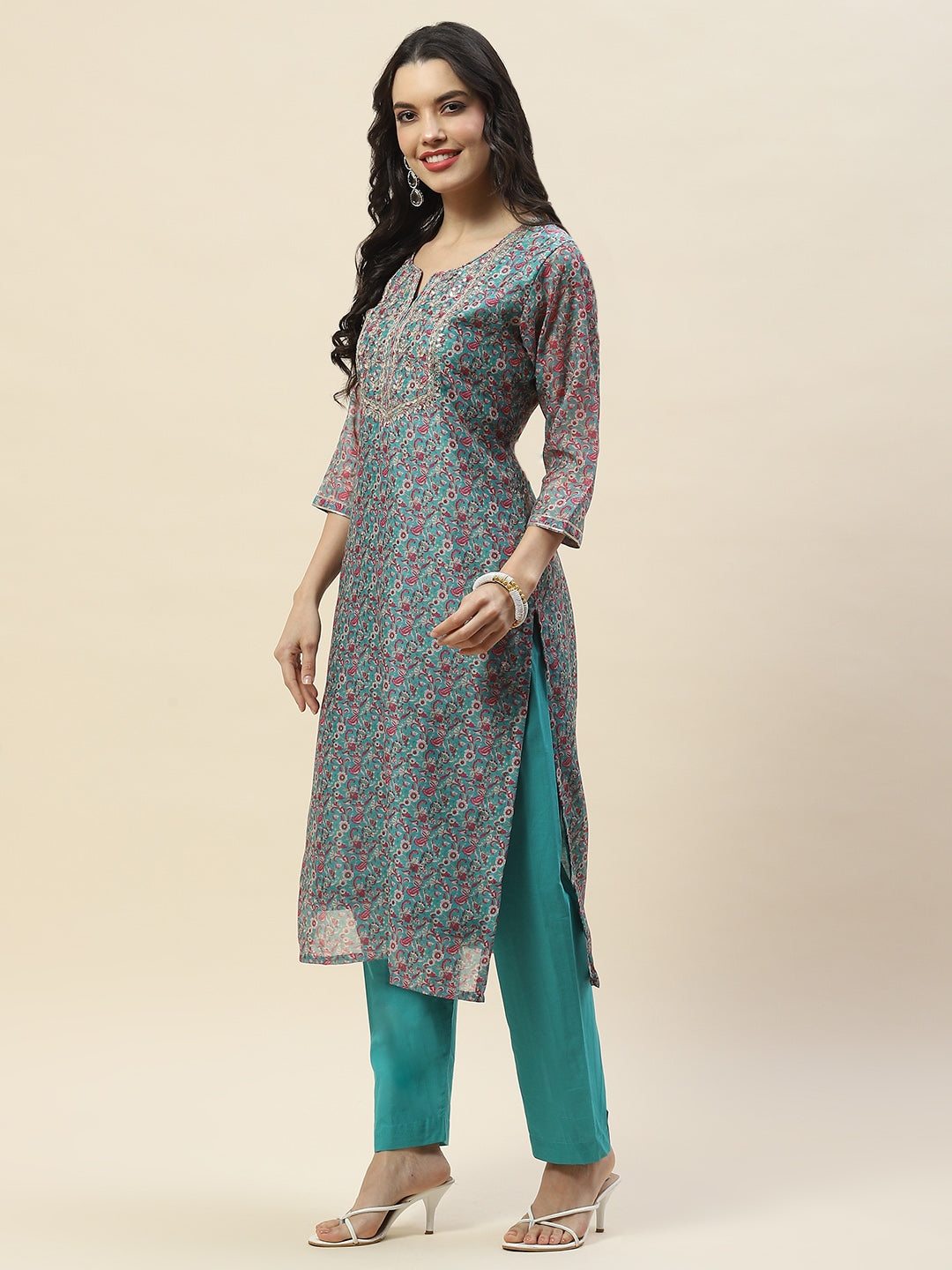 Printed Gota Work Chanderi Kurta With Pants