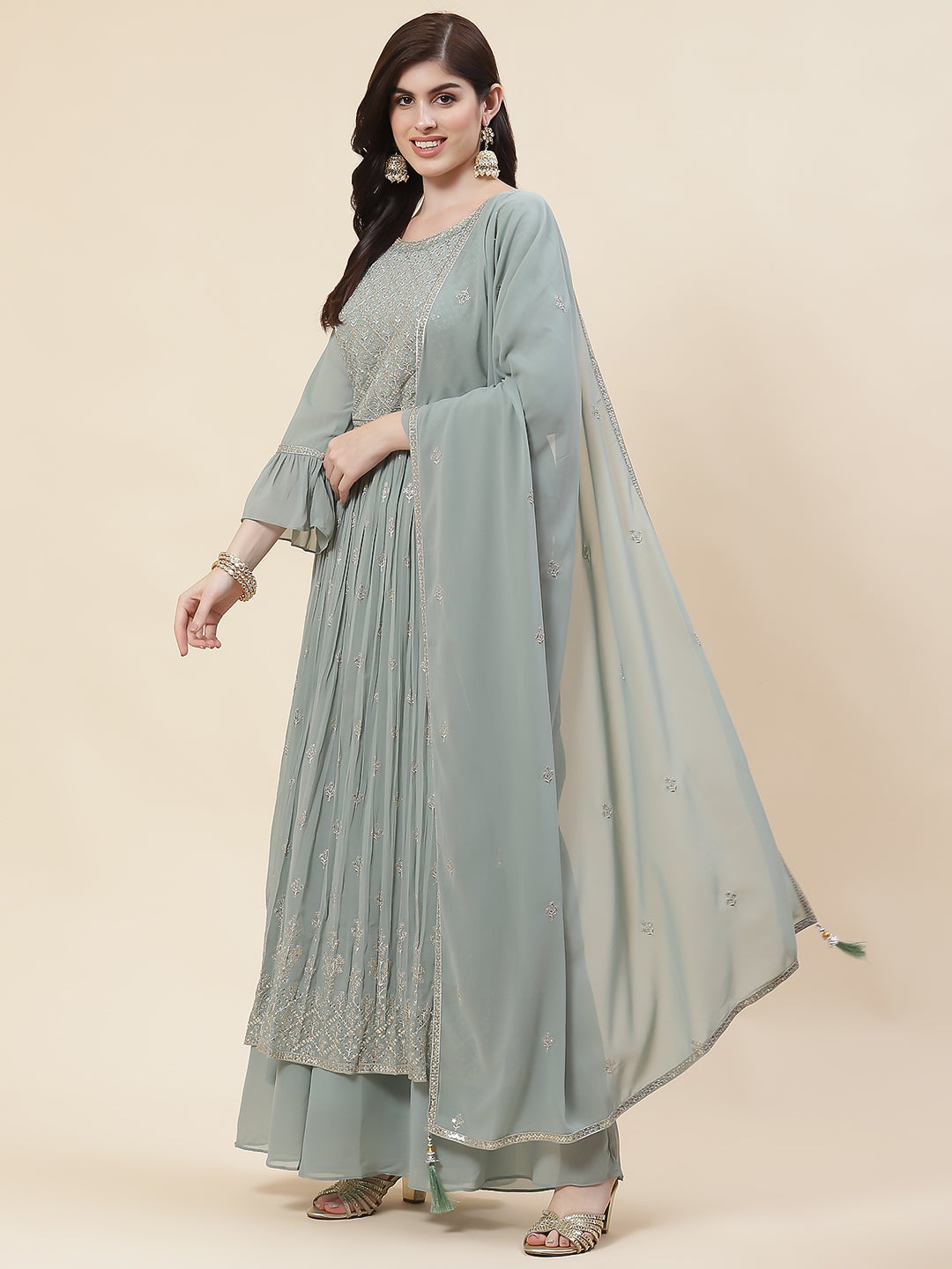 Zari Embroidered Booti Georgette Kurta With Palazzo &amp; Dupatta