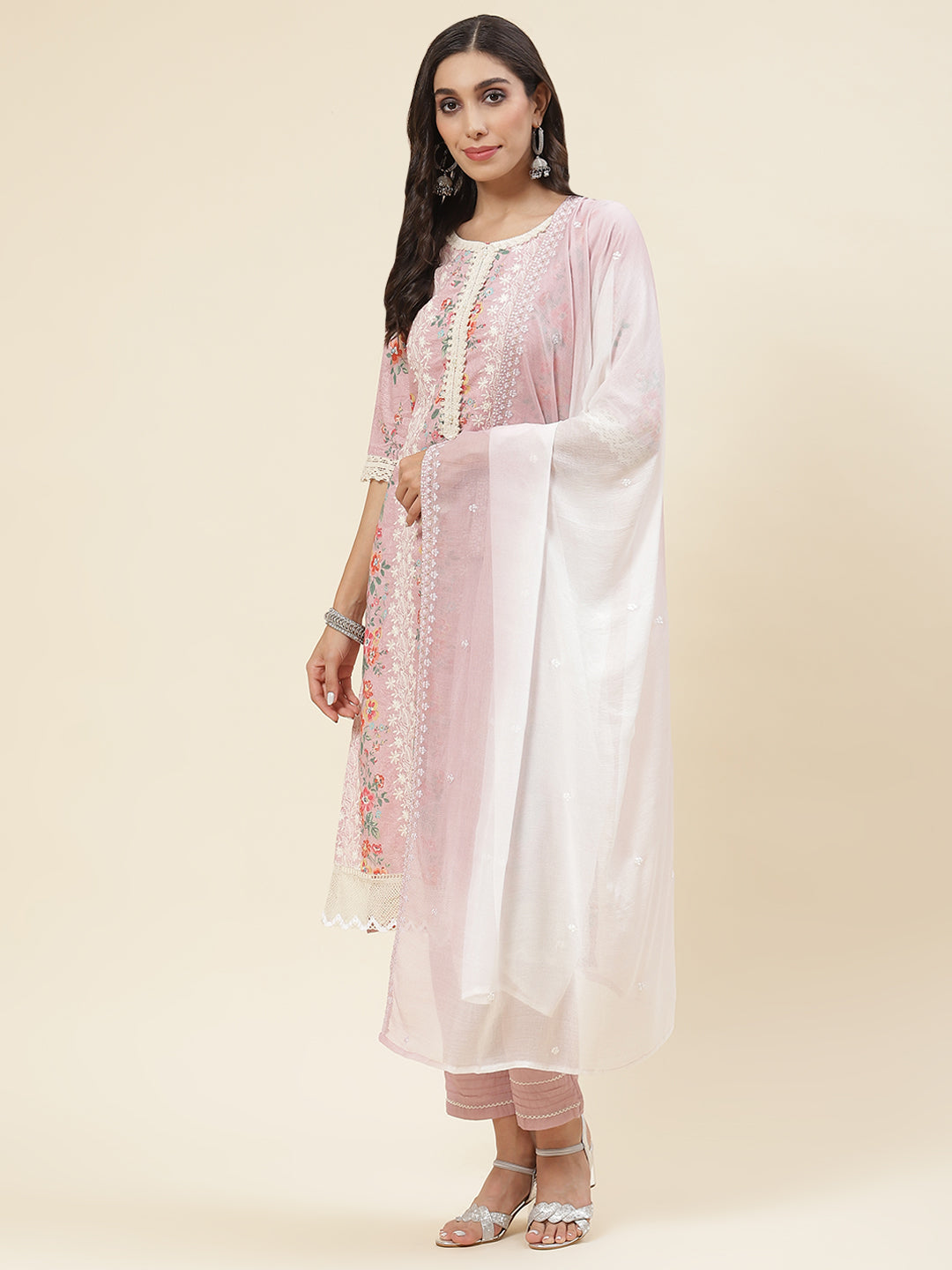 Floral Printed &amp; Embroidered Cotton Kurta With Pants &amp; Dupatta