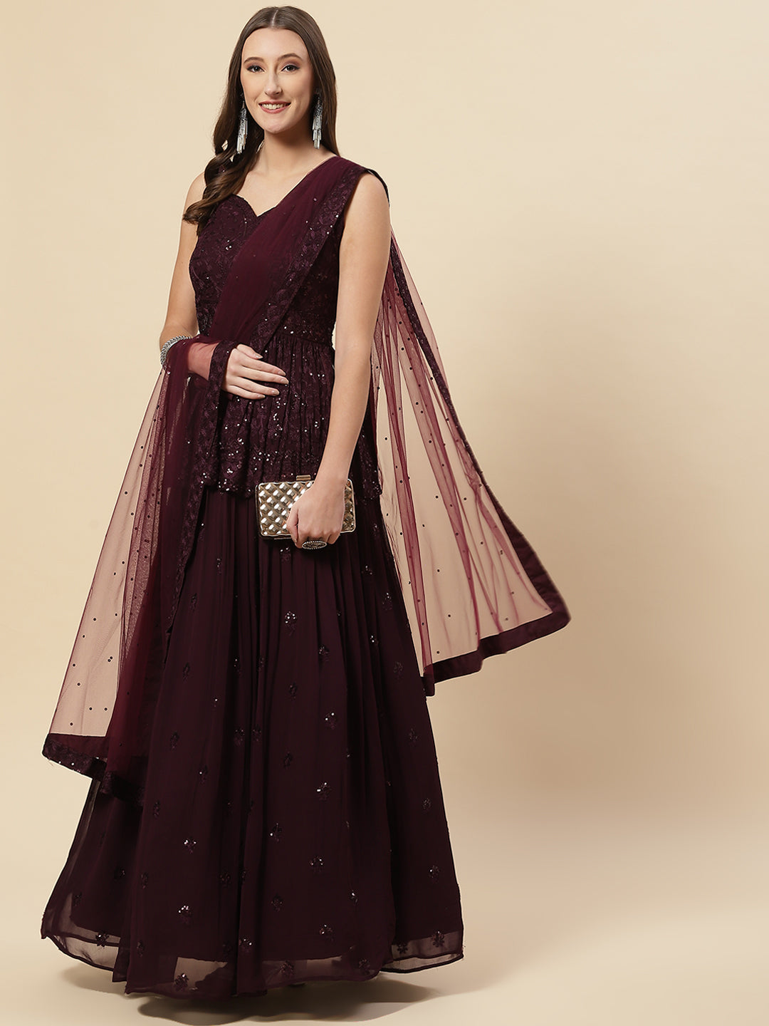 Sequin Embroidered Georgette Choli With Lehenga &amp; Net Dupatta