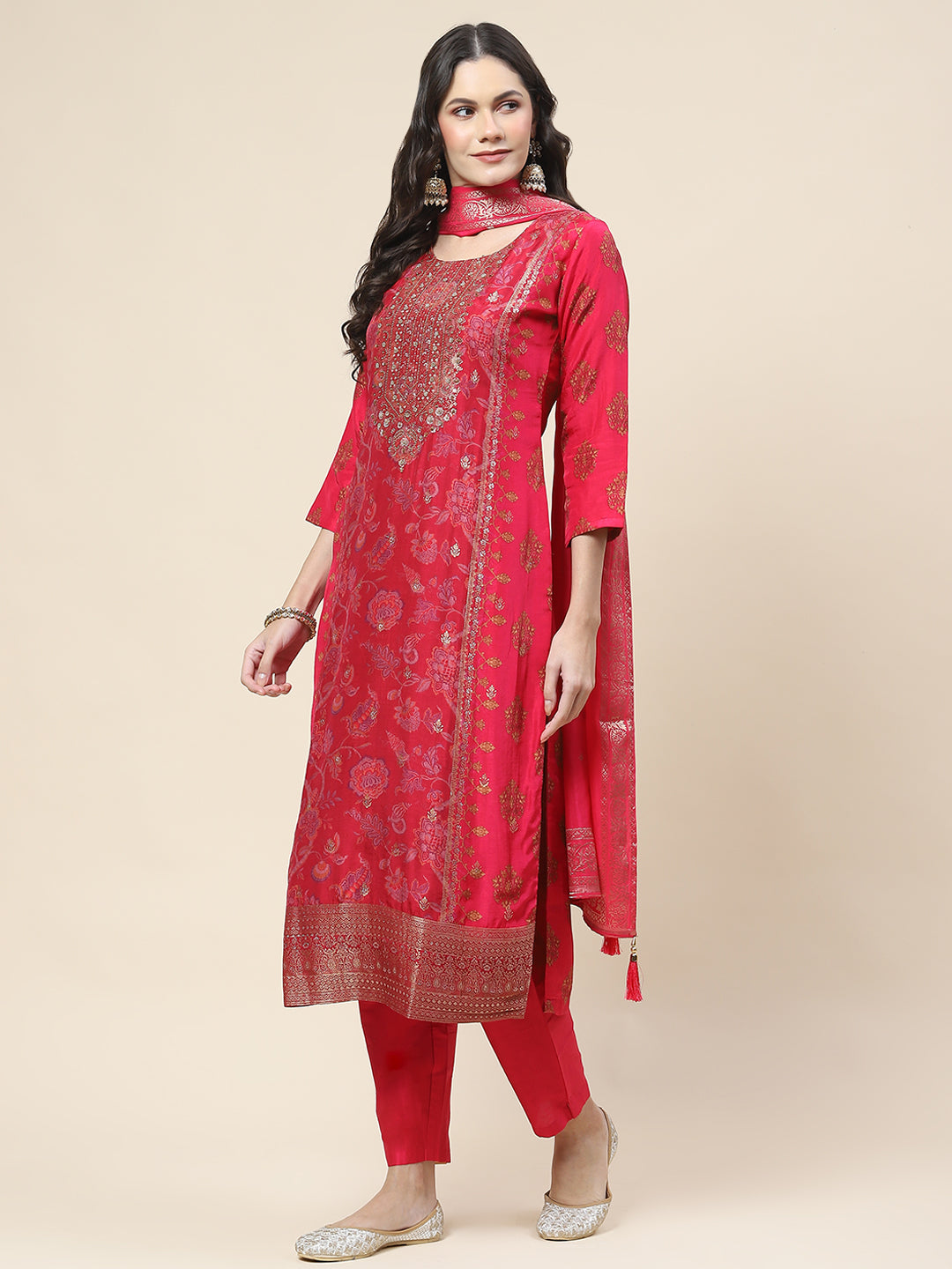 Floral Printed Handloom Kurta With Pants &amp; Dupatta