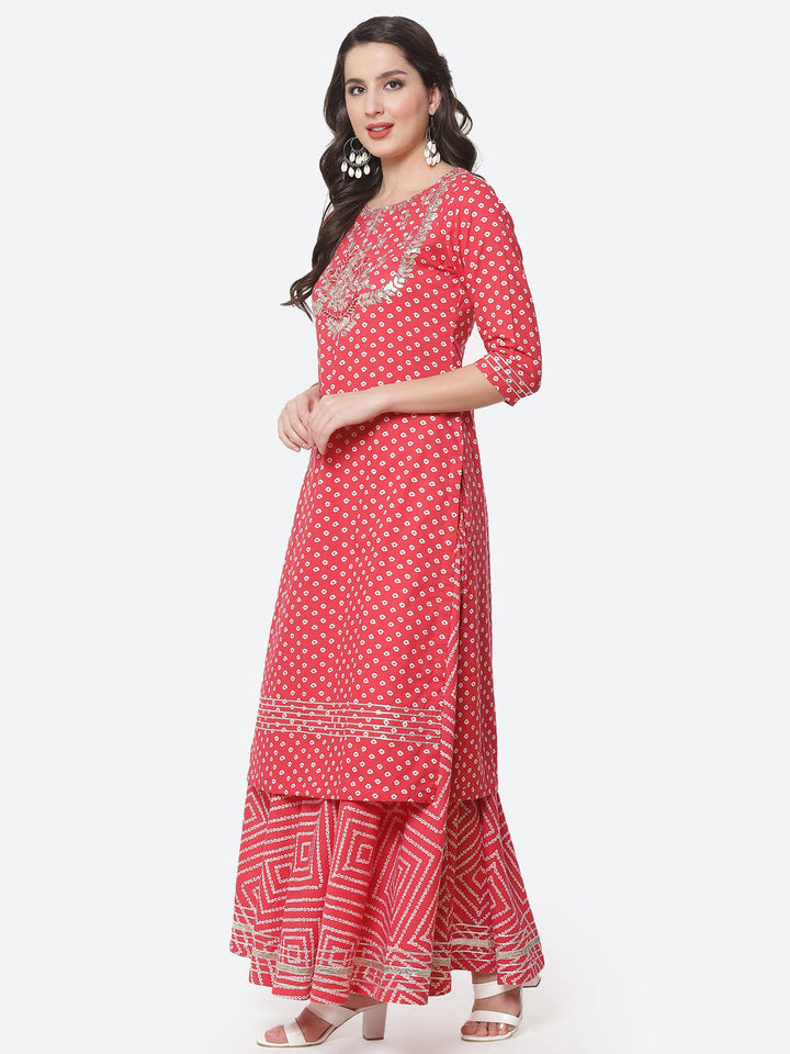 Printed Gota Work Cotton Kurti With Bandhani Printed Skirt