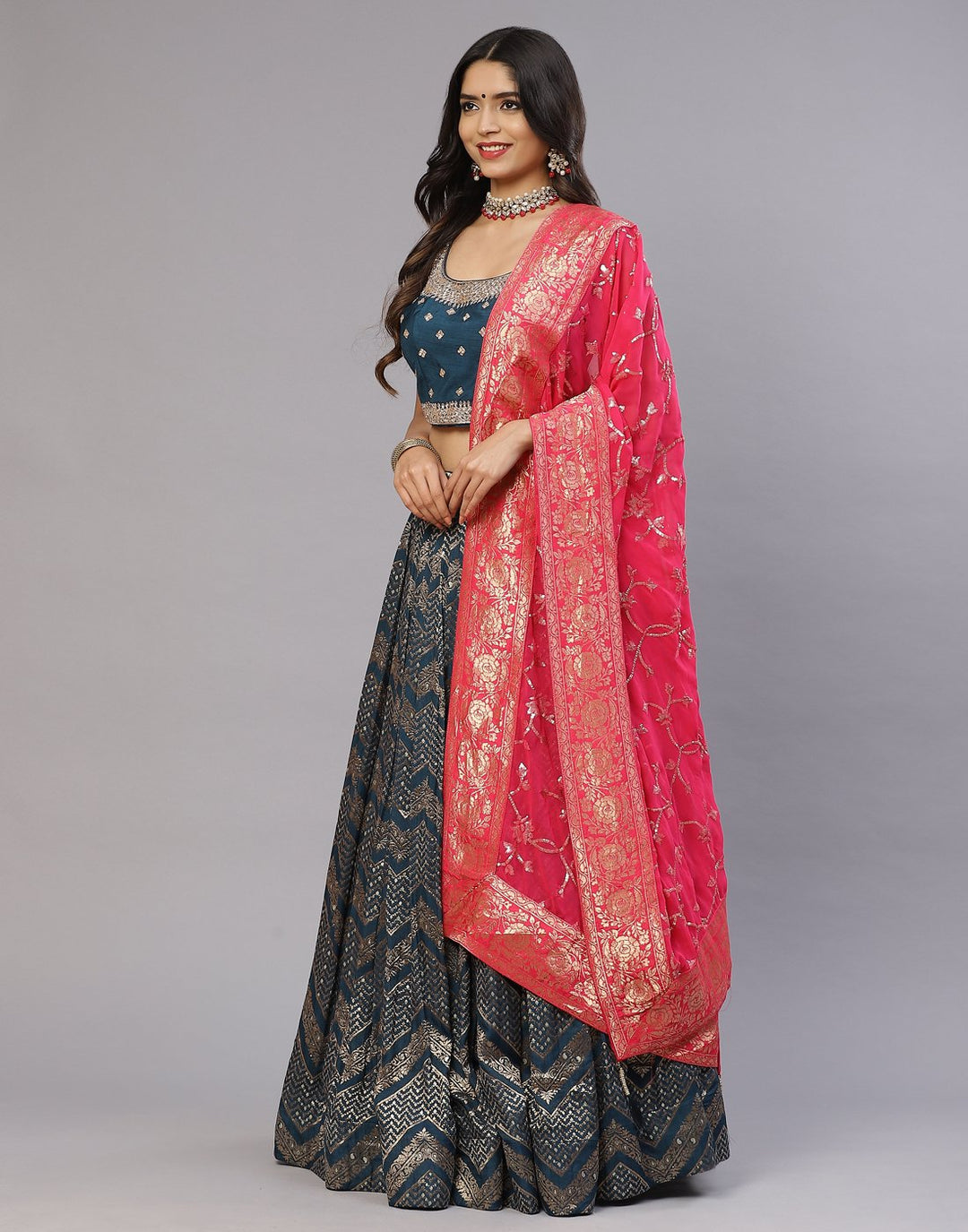 Teal Blue Handloom Dupion Laacha with Contrast dupatta