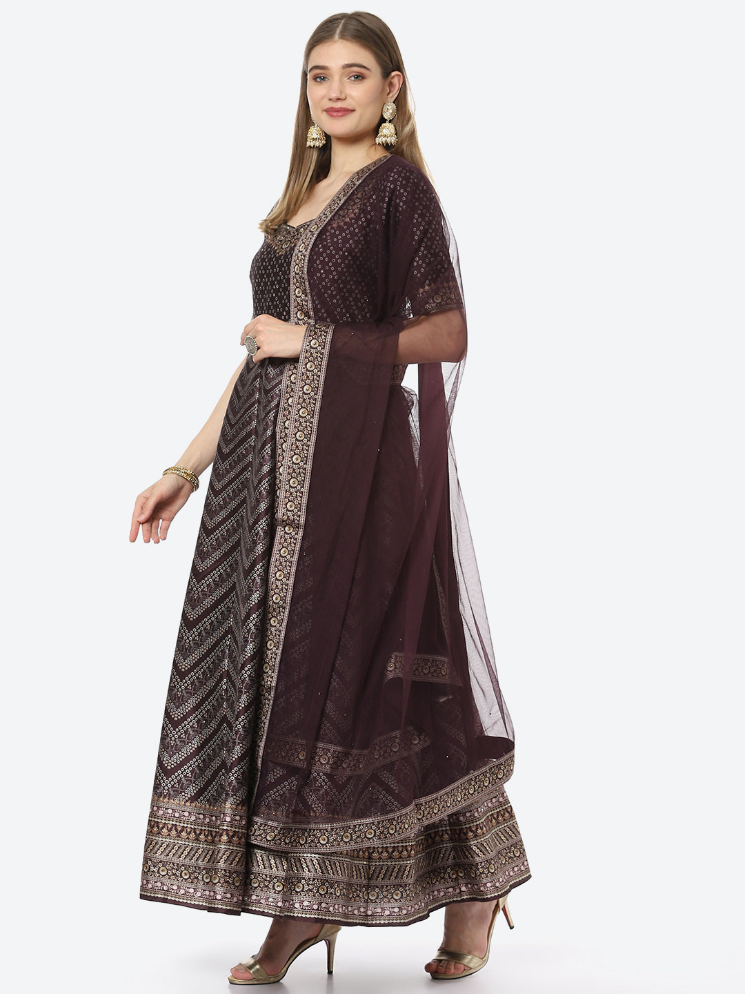 Digital Printed Anarkali Kurta With Churidar &amp; Net Dupatta