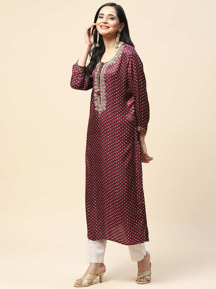 Printed With Yoke Embroidered Satin Kurta