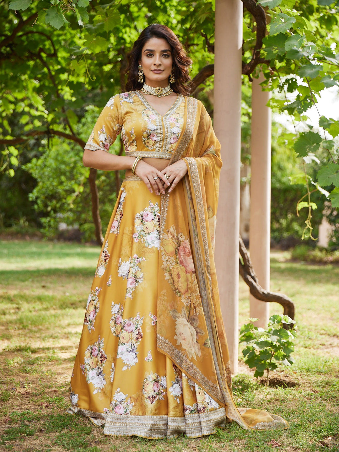 Floral Digital Printed Satin Choli With Lehenga &amp; Crepe Dupatta