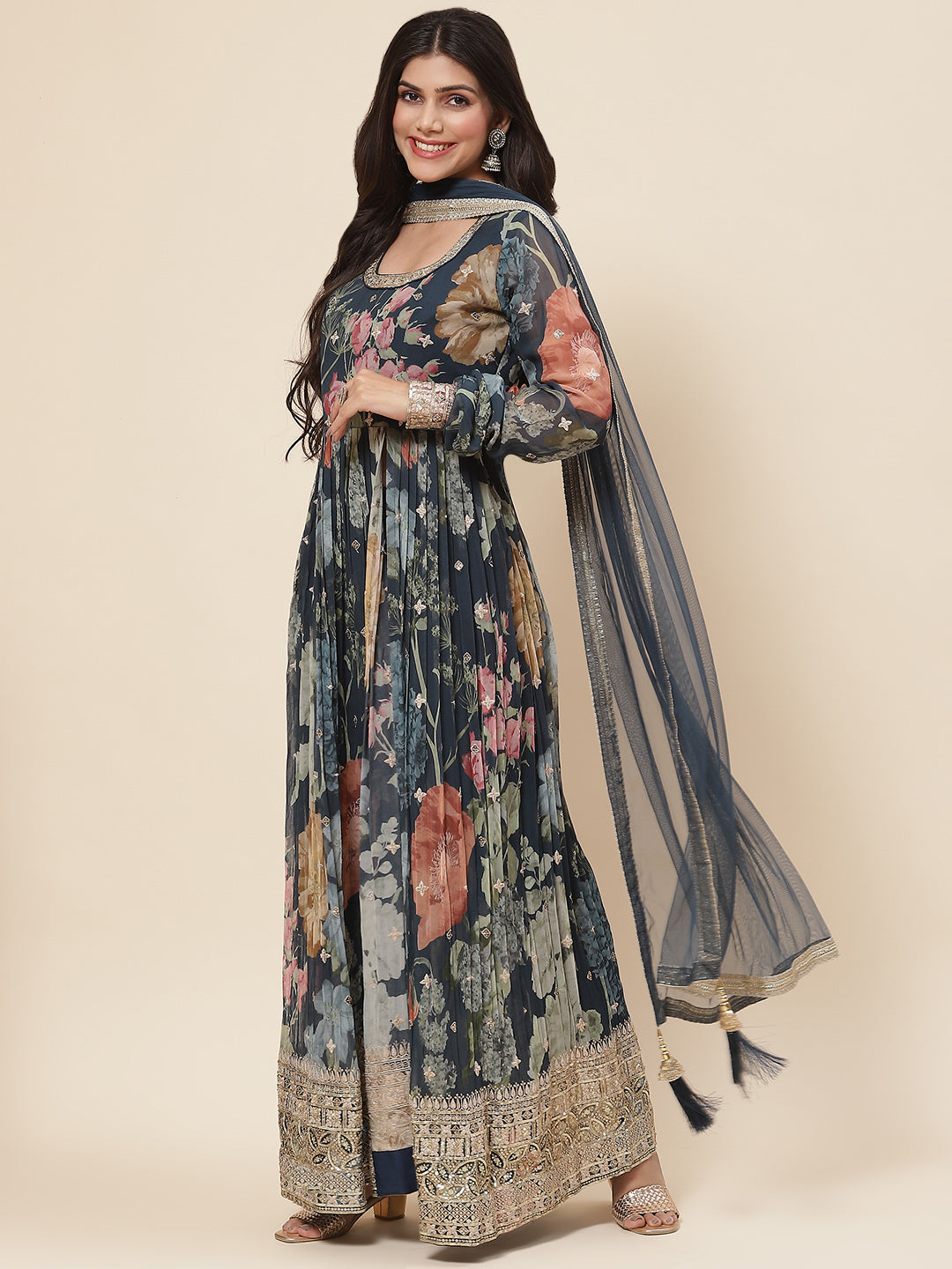 Printed Georgette Kurta With Pants &amp; Dupatta