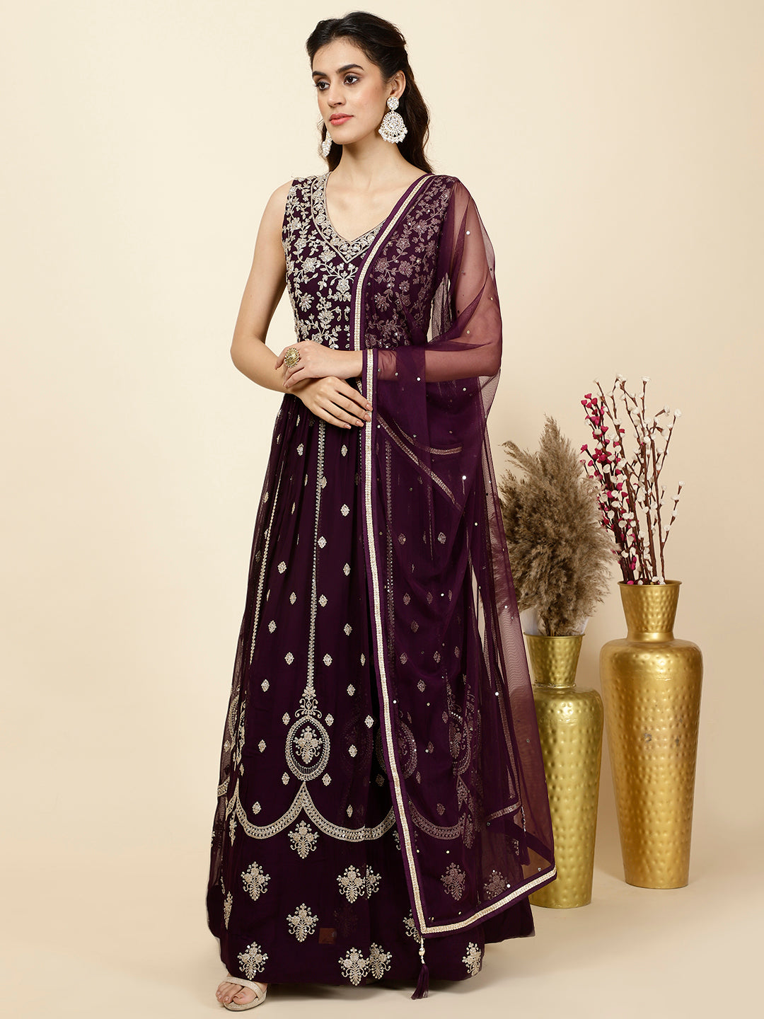 Zari Booti Embroidered Georgette Kurta With Churidar &amp; Dupatta