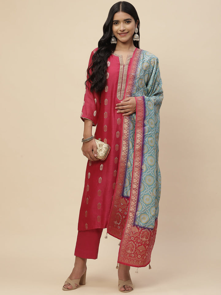 Zari Booti Cotton Kurta With Pants &amp; Dupatta
