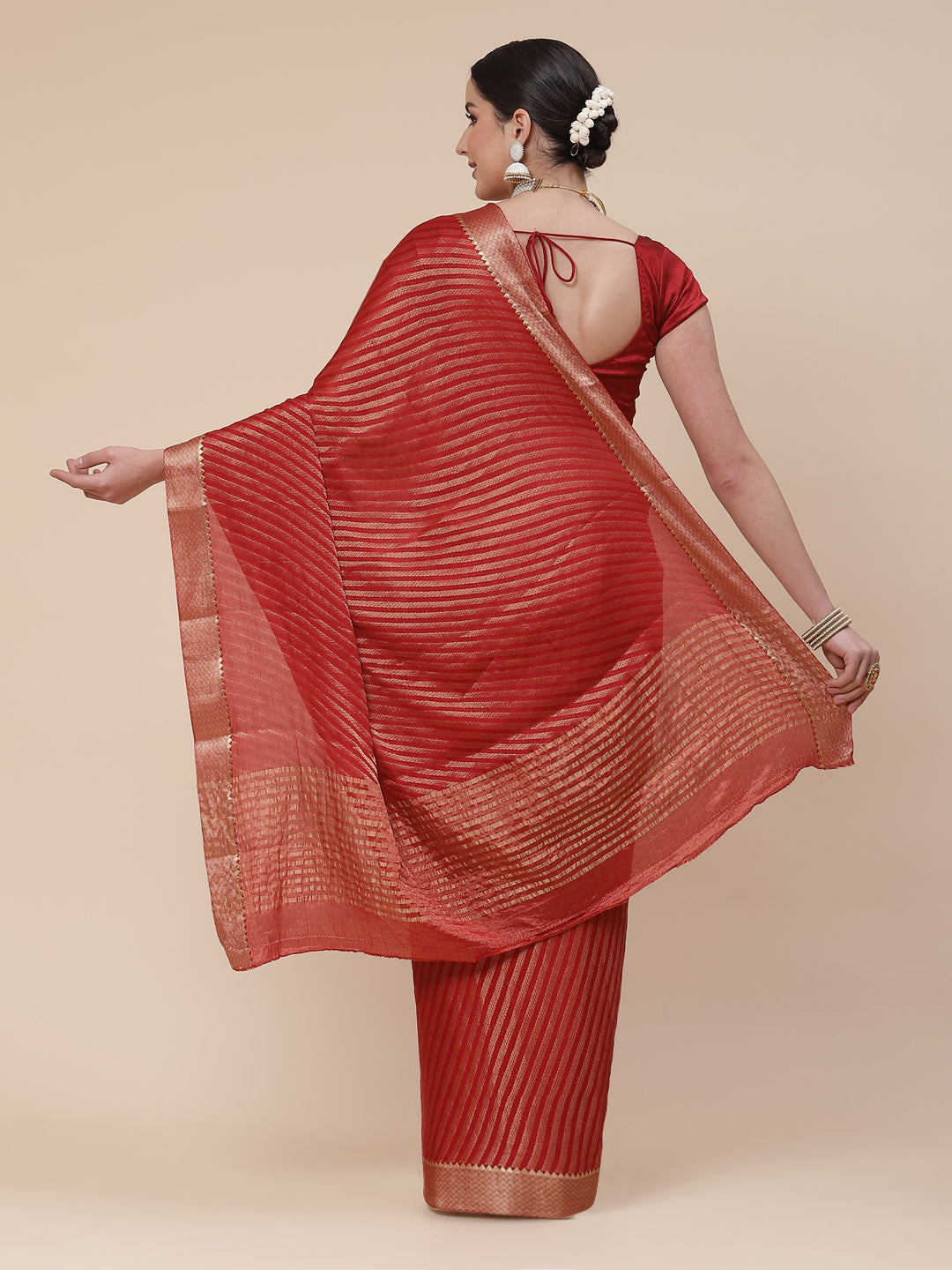 Striped Brocade Georgette Plain Saree