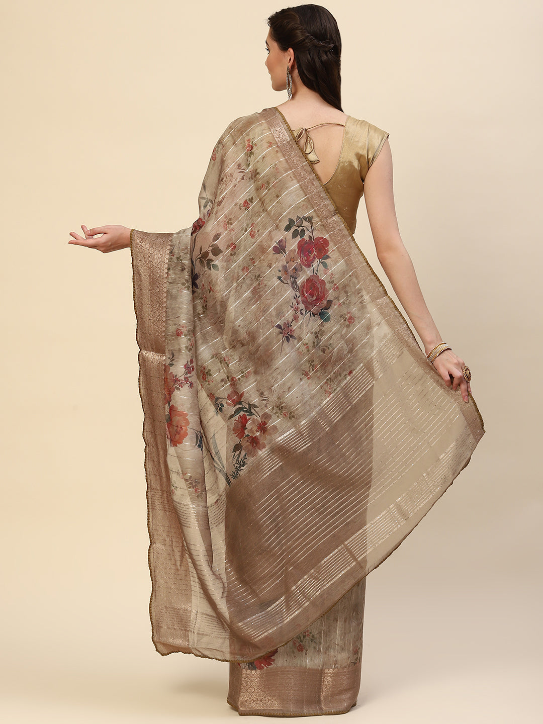 Digital Floral Printed Sequin Cotton Saree