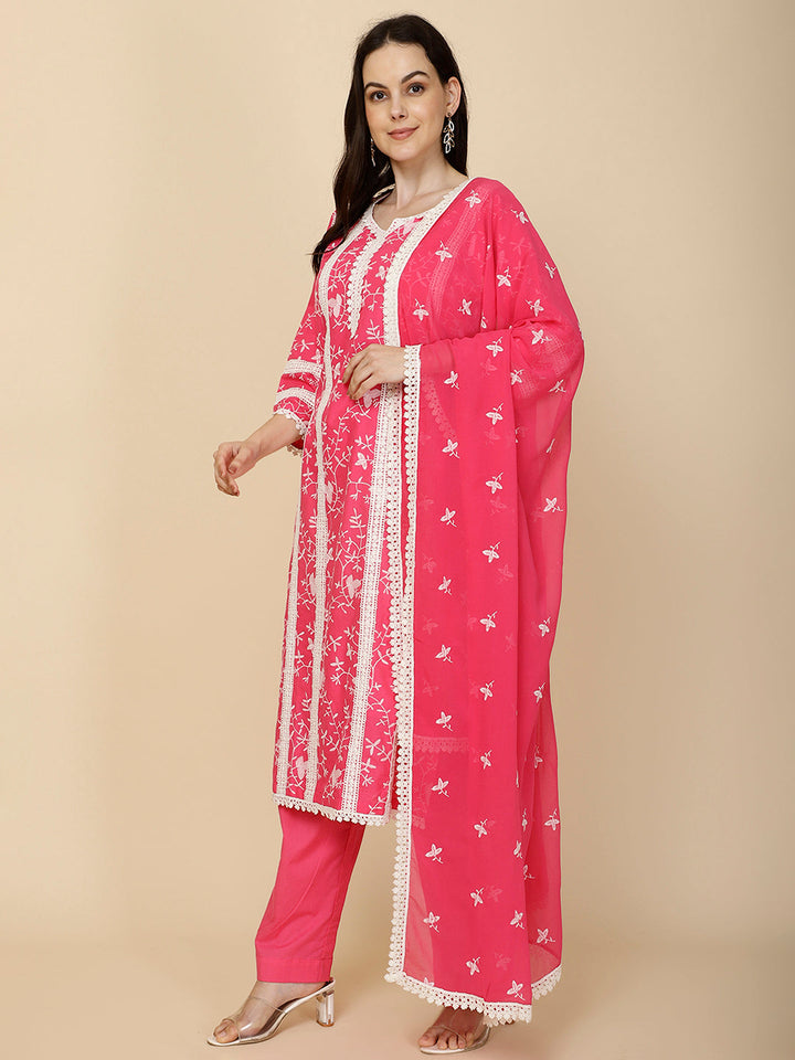 Printed &amp; Embroidery Cotton Suit Set With Dupatta