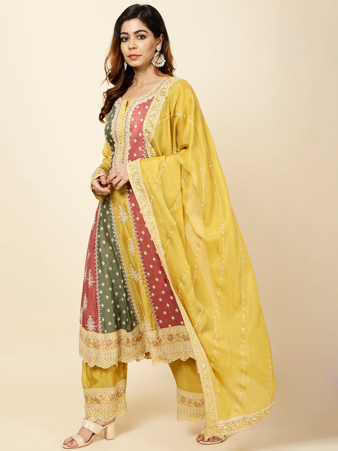 Embroidered Crepe Kurta With Palazzo &amp; Dupatta