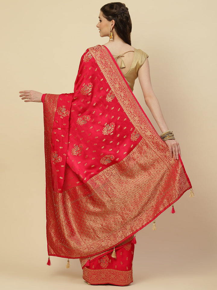 Zari Border Booti Satin Woven Saree