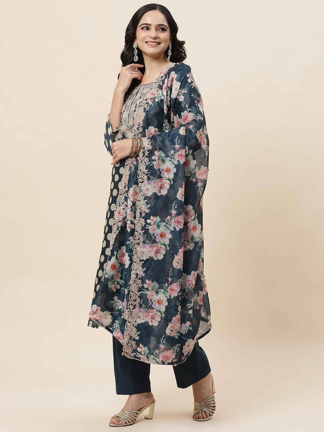Polka Dot Printed Chanderi Kurta With Pants &amp; Dupatta