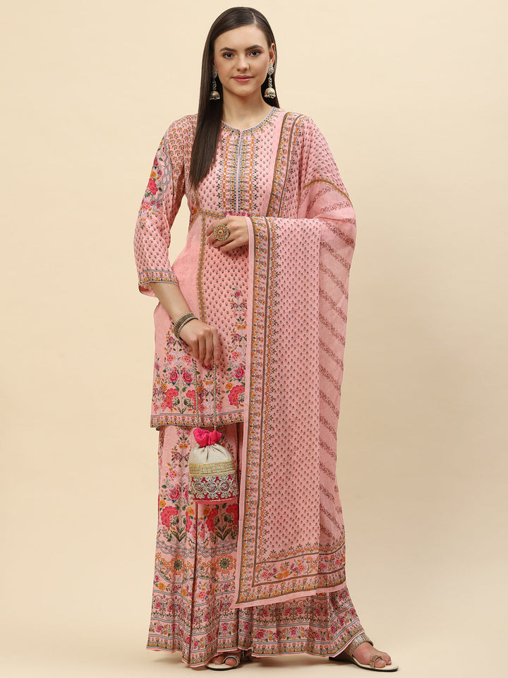 Floral Digital Printed Crepe Kurta With Sharara &amp; Net Dupatta