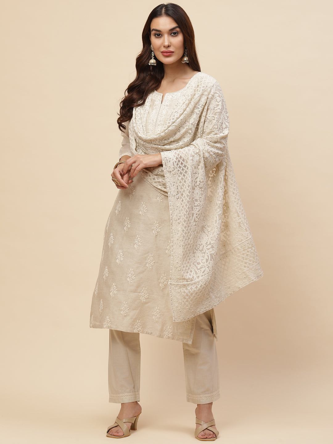 Resham Booti Chanderi Kurta With Pants &amp; Dupatta