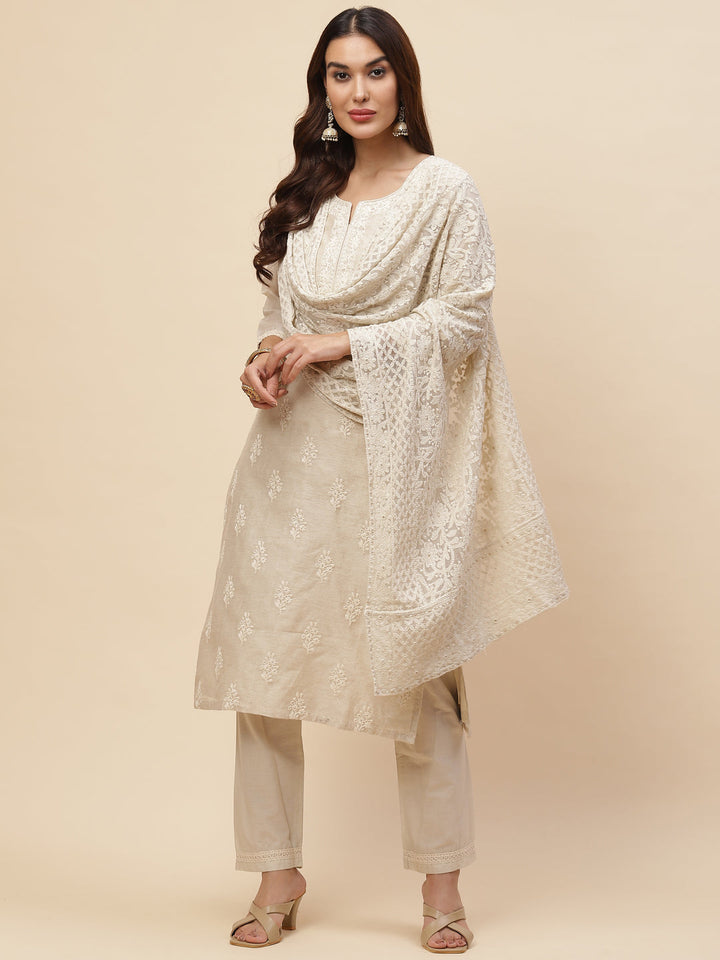 Resham Booti Chanderi Kurta With Pants &amp; Dupatta