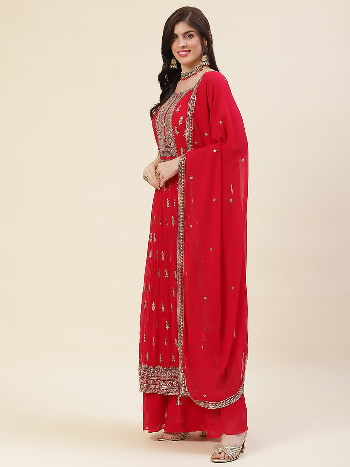 Resham Sequin Booti Georgette Kurta With Palazzo &amp; Dupatta