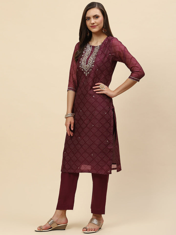 Mirror Embroidered &amp; Printed Chanderi Kurta With Pants
