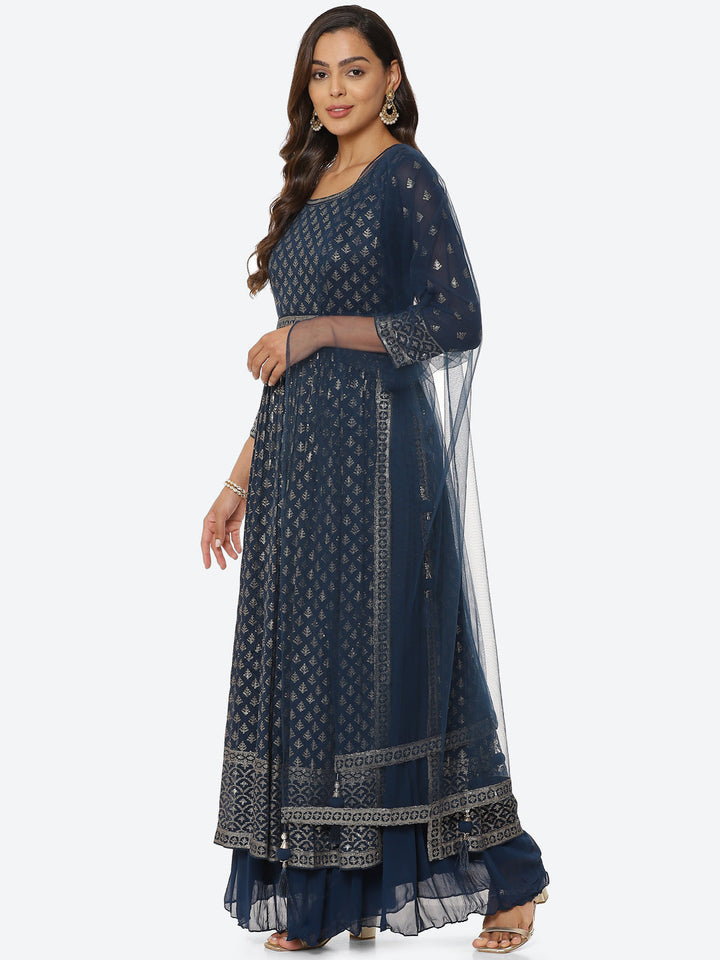 Resham Sequin Booti Georgette Kurta With Palazzo &amp; Dupatta