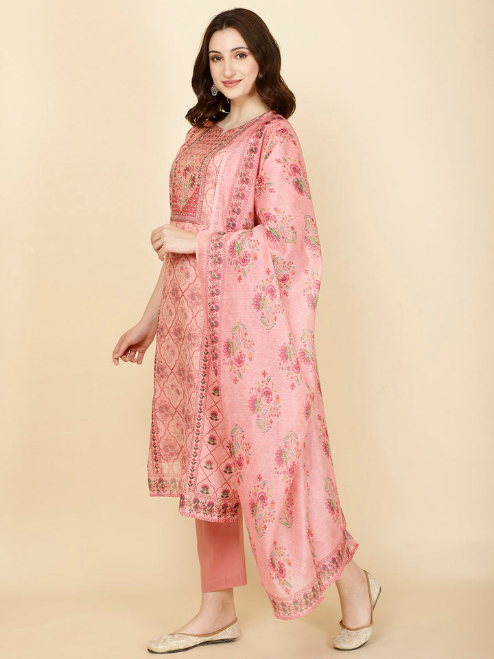 Abstract Printed Chanderi Kurta With Pants &amp; Dupatta