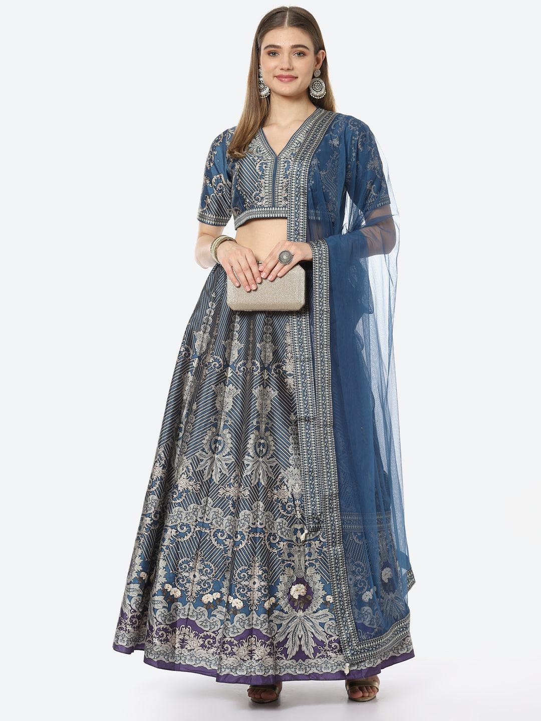 Digital Floral Printed Art Tussar Choli With Lehenga &amp; Net Dupatta
