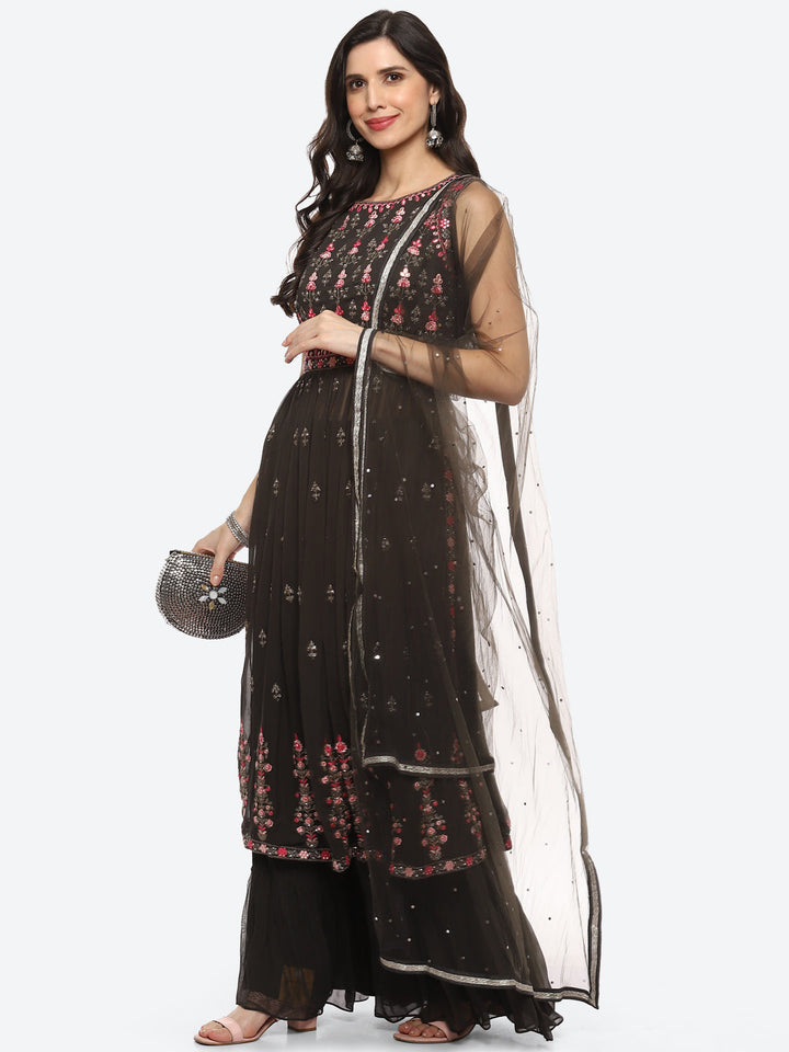 Resham Mirror Booti Georgette Kurta With Churidar &amp; Net Dupatta