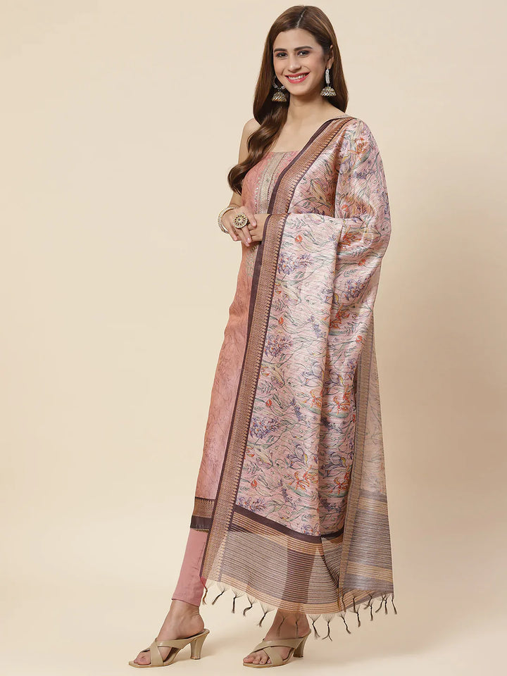 Neck Embroidered &amp; Printed Chanderi Unstitched Suit Piece With Dupatta