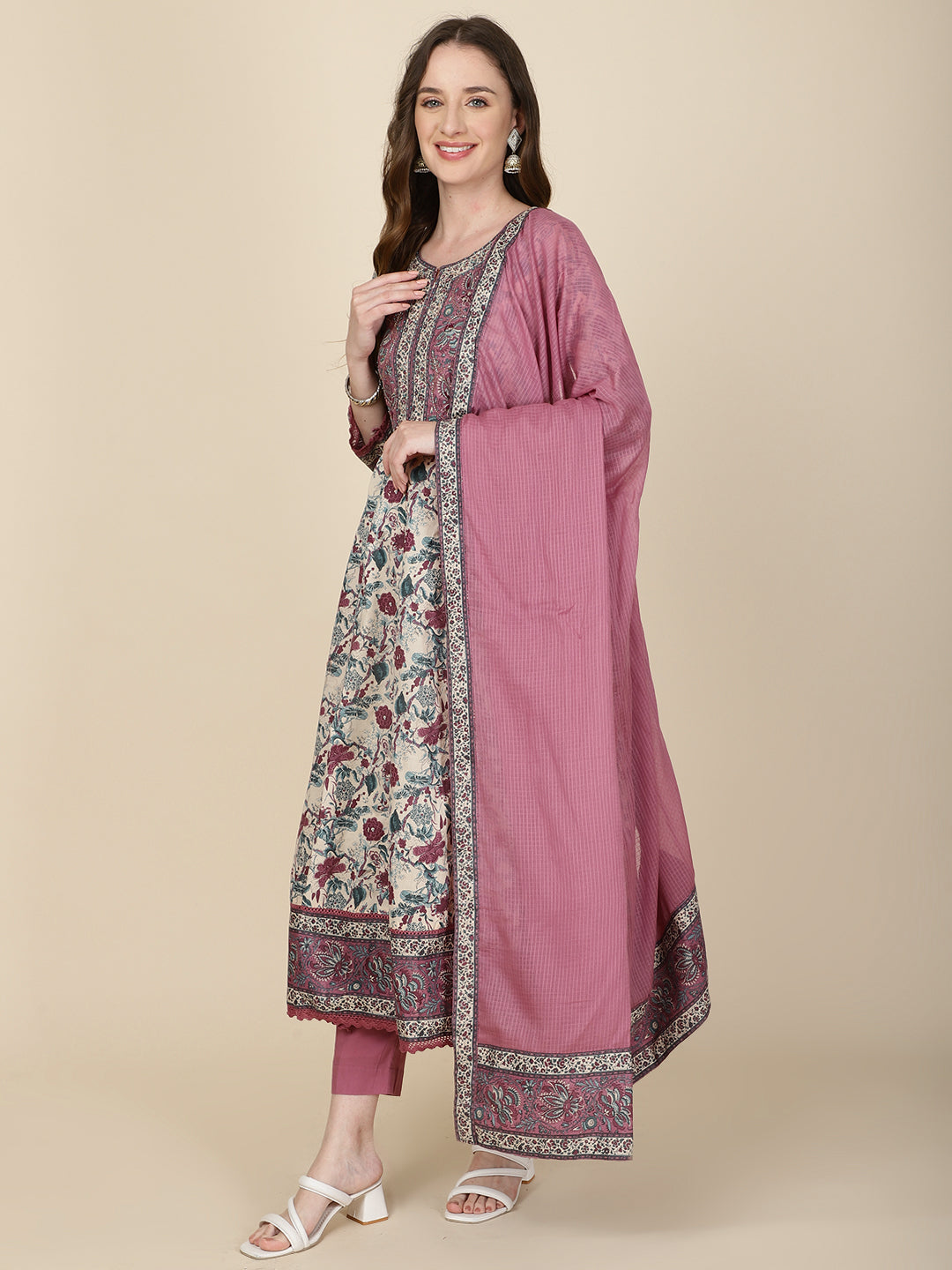 Floral Printed Cotton Kurta With Pants &amp; Dupatta