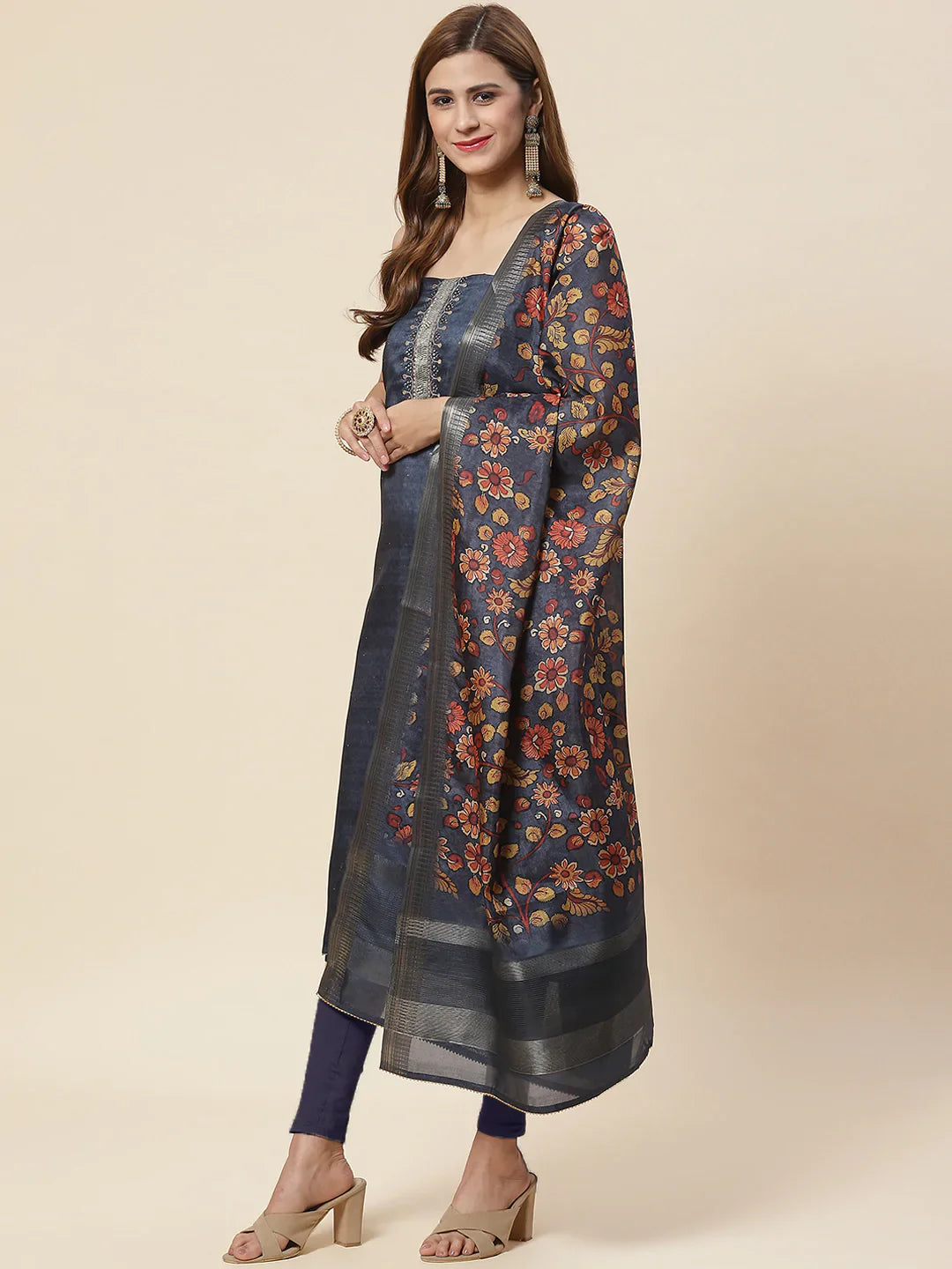 Neck Embroidered Chanderi Unstitched Suit Piece With Dupatta