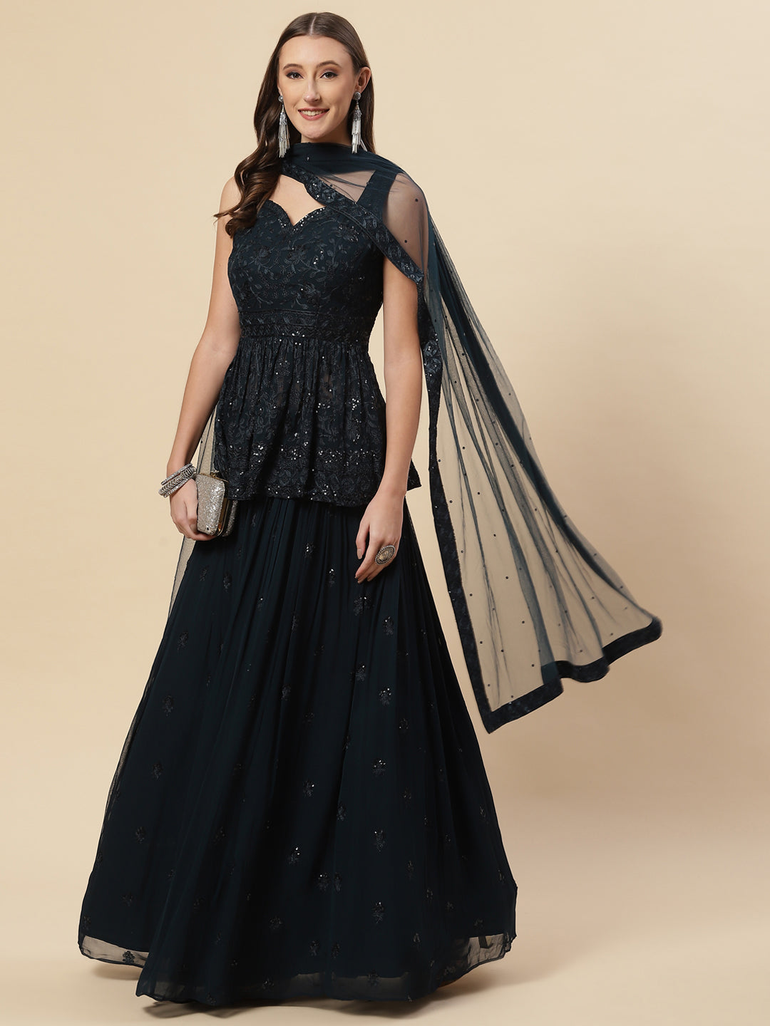 Sequin Embroidered Georgette Choli With Lehenga &amp; Net Dupatta
