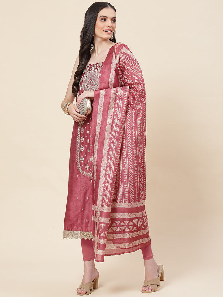 Embroidered Chanderi Unstitched Suit Piece With Dupatta