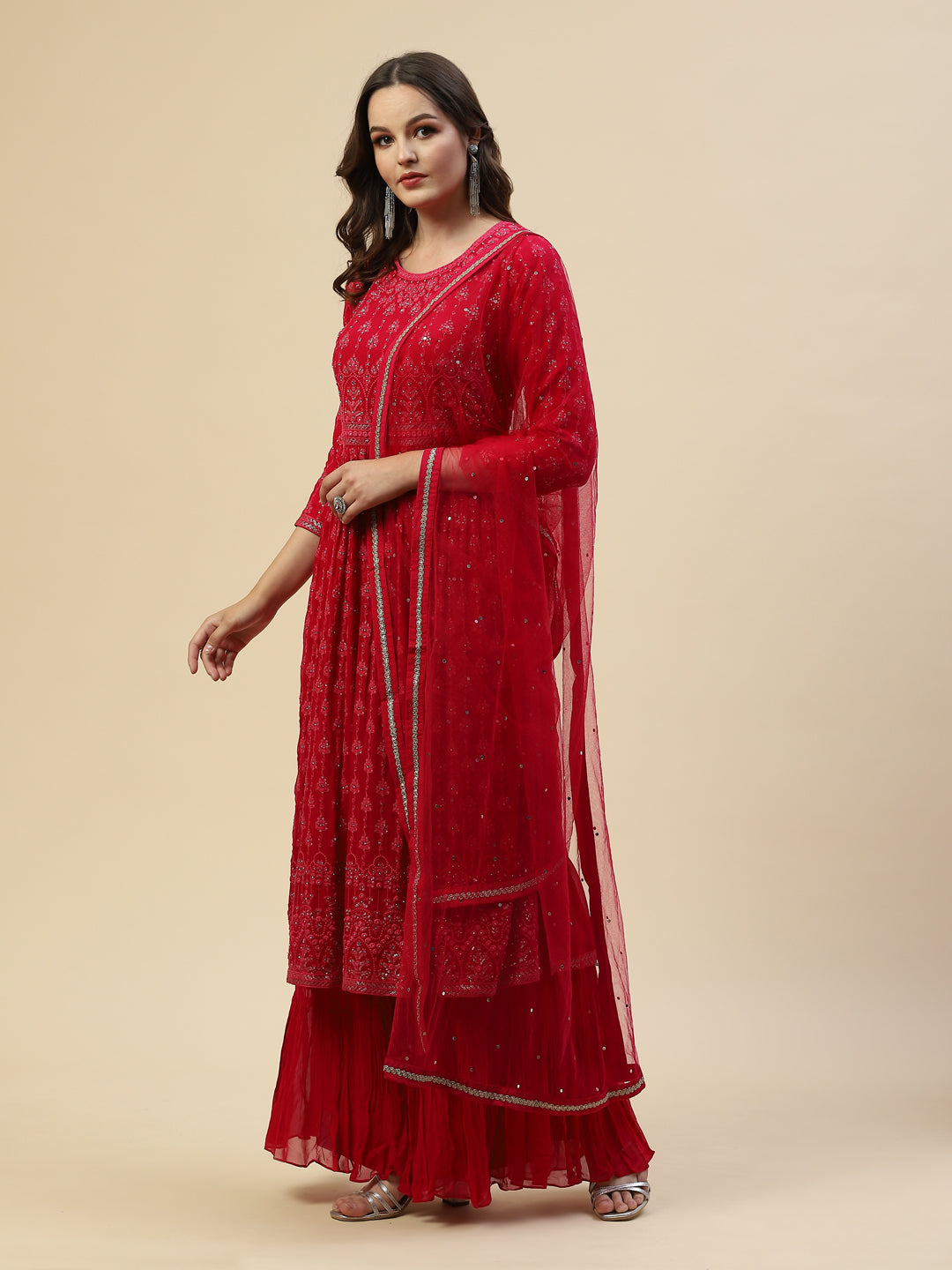 Embroidered Georgette Kurta With Palazzo &amp; Dupatta